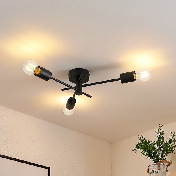 Lindby Cerros stropna lampa, 3 žarulje, crna, metalna, prigušiva, Crno, Dnevni boravak/blagovaonica, Metal