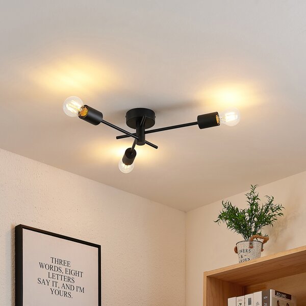 Lindby Cerros stropna lampa, 3 žarulje, crna, metalna, prigušiva, Crno, Dnevni boravak/blagovaonica, Metal