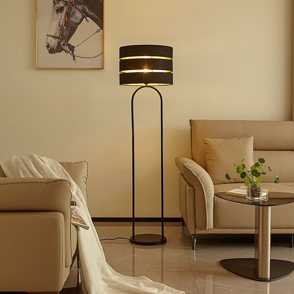 Lindby podna lampa Tsomo, Ø 40 cm, crna, tkanina, E27, Crno, Dnevni boravak/blagovaonica, Tkanina / tekstil