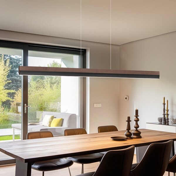 Quitani LED viseća lampa Keijo, crna/orah, dužina 143 cm, prigušiva, Drvo, Dnevni boravak/blagovaonica, Drvo