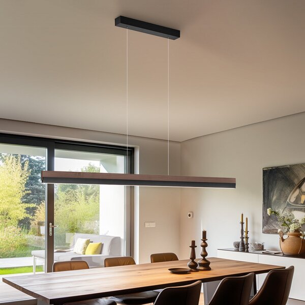 Quitani LED viseća lampa Keijo, crna/orah, dužina 143 cm, prigušiva, Drvo, Dnevni boravak/blagovaonica, Drvo