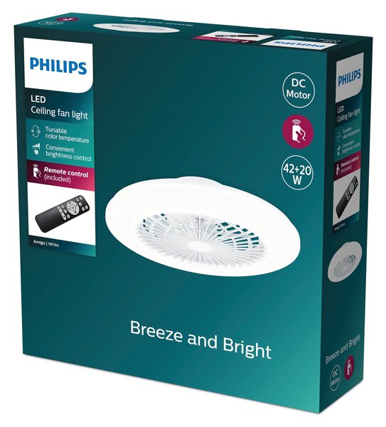 Philips Amigo LED stropni ventilator, visokosjajna bijela, 49 cm, CCT, prigušiva, Bijela, Dnevni boravak/blagovaonica, Plastika