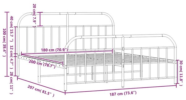 Metalni okvir krevet bez madraca s podnožjem crni 180x200 cm - Crna / 180 x 200 cm