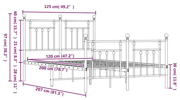 Metalni okvir kreveta uzglavlje i podnožje crni 120x200 cm - Crna / 120 x 200 cm