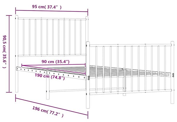 Metalni okvir kreveta uzglavlje i podnožje crni 90x190 cm - Crna / 90 x 190 cm