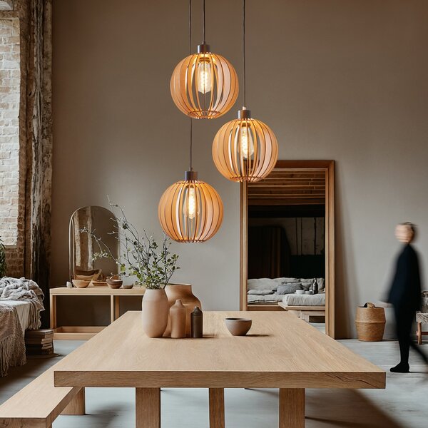 Envostar Okrugla viseća lampa Clay od brezove šperploče, 3 fl., prigušiva, Drvo, Dnevni boravak/blagovaonica, Drvo