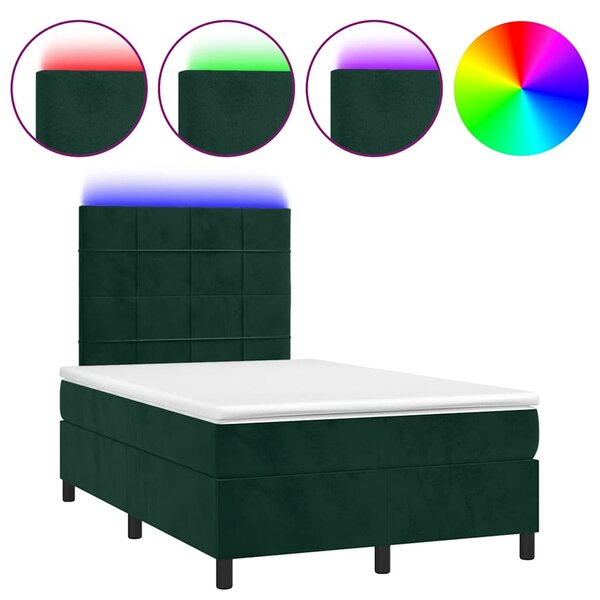 Krevet box spring s madracem LED tamnozeleni 120x200 cm baršun - Zelena / 120 x 200 cm