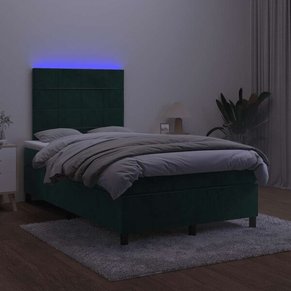 Krevet box spring s madracem LED tamnozeleni 120x200 cm baršun - Zelena / 120 x 200 cm