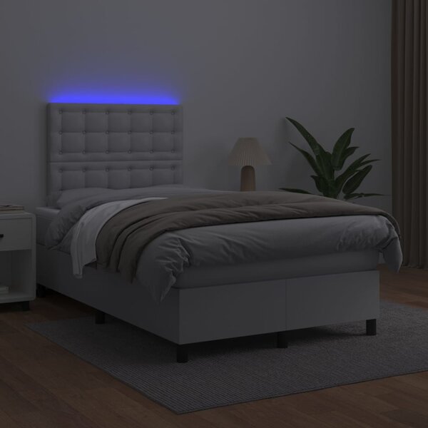 Krevet box spring s madracem LED bijeli 120x200 cm umjetna koža - Bijela / 120 x 200 cm