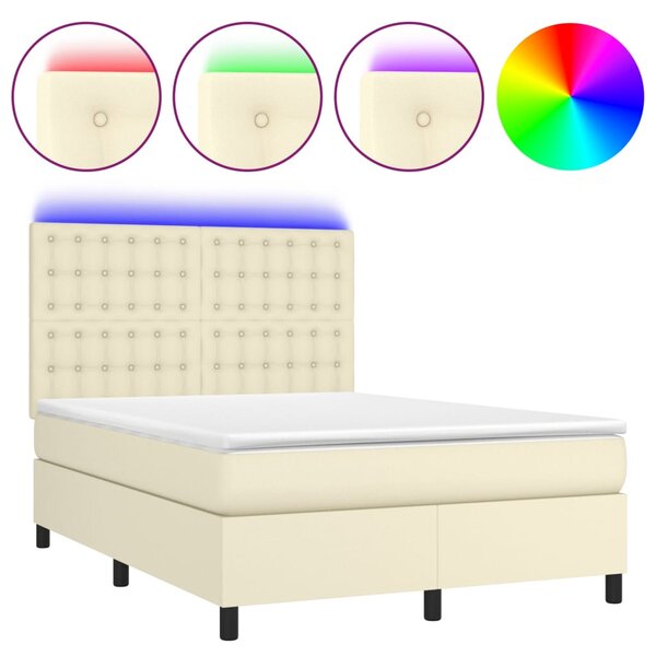 Krevet box spring s madracem LED krem 140x190cm od umjetne kože - Krema / 140 x 190 cm