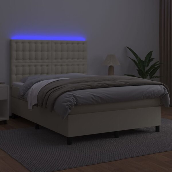 Krevet box spring s madracem LED krem 140x190cm od umjetne kože - Krema / 140 x 190 cm