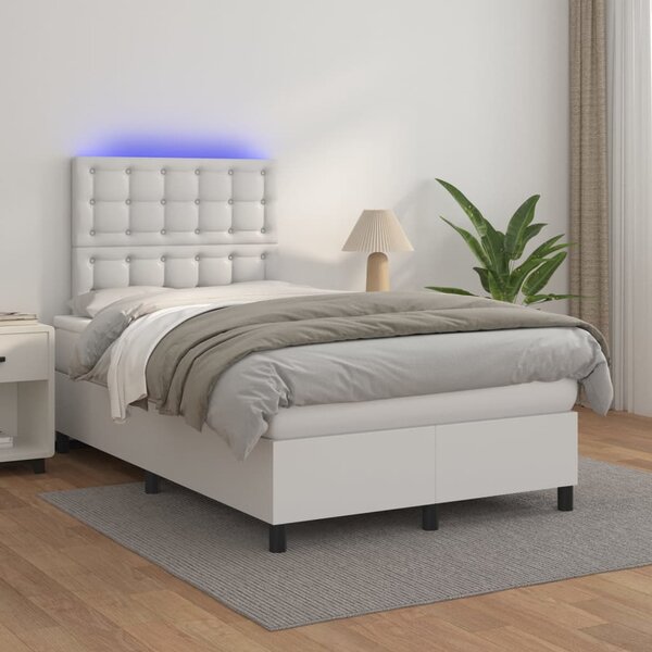 Krevet box spring s madracem LED bijeli 120x200 cm umjetna koža - Bijela / 120 x 200 cm