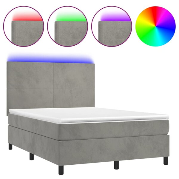 Krevet box spring s madracem LED svjetlosivi 140x200 cm baršun - Siva / 140 x 200 cm