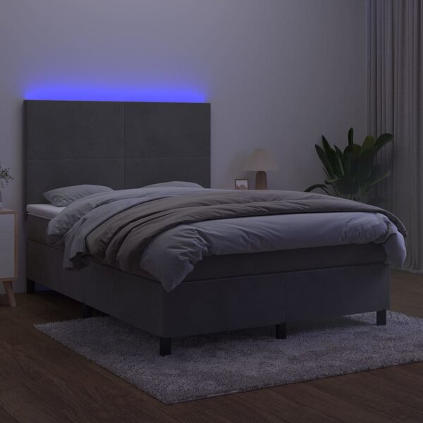 Krevet box spring s madracem LED svjetlosivi 140x200 cm baršun - Siva / 140 x 200 cm