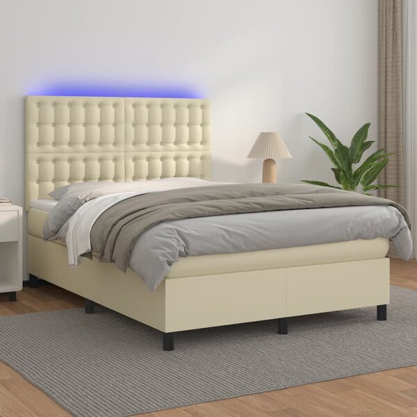 Krevet box spring s madracem LED krem 140x190cm od umjetne kože - Krema / 140 x 190 cm