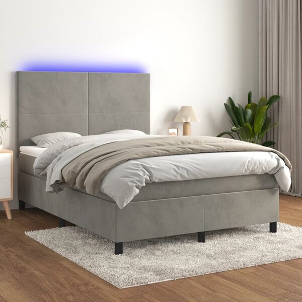 Krevet box spring s madracem LED svjetlosivi 140x200 cm baršun - Siva / 140 x 200 cm