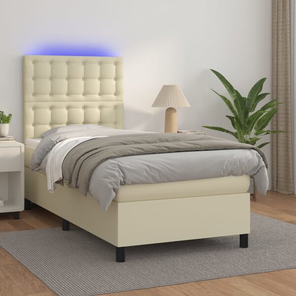 Krevet box spring s madracem LED krem 90x190 cm od umjetne kože - Krema / 90 x 190 cm