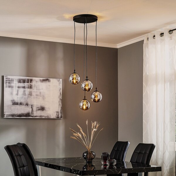 EMIBIG LIGHTING Staklena viseća svjetiljka, 4 žarulje, crna, grafit, staklo, E14, prigušiva, Crno, Dnevni boravak/blagovaonica, Staklo