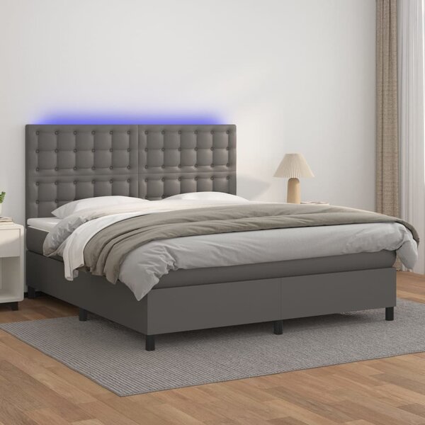 Krevet box spring s madracem LED sivi 160x200cm od umjetne kože - Siva / 160 x 200 cm