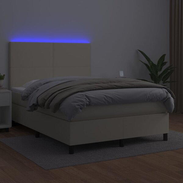 Krevet box spring s madracem LED krem 140x200cm od umjetne kože - Krema / 140 x 200 cm