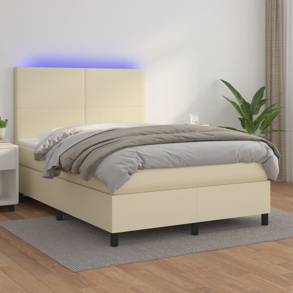 Krevet box spring s madracem LED krem 140x200cm od umjetne kože - Krema / 140 x 200 cm
