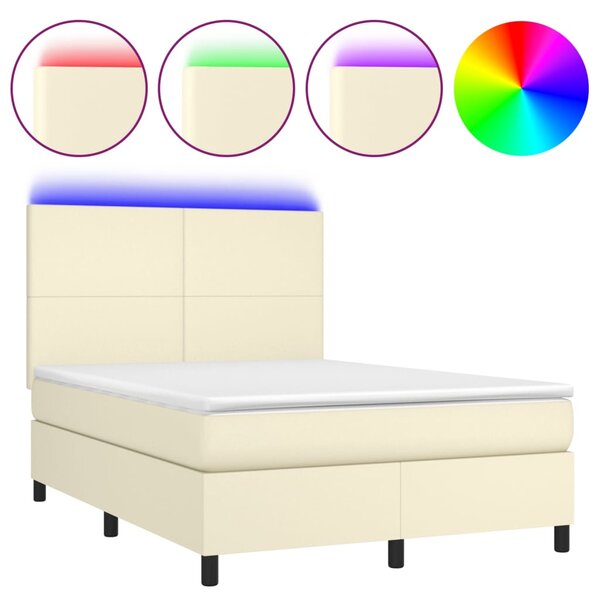 Krevet box spring s madracem LED krem 140x200cm od umjetne kože - Krema / 140 x 200 cm