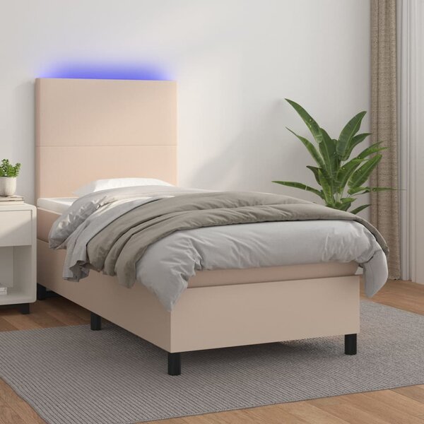 Krevet box spring madrac LED cappuccino 100x200cm umjetna koža - Smeđa / 100 x 200 cm