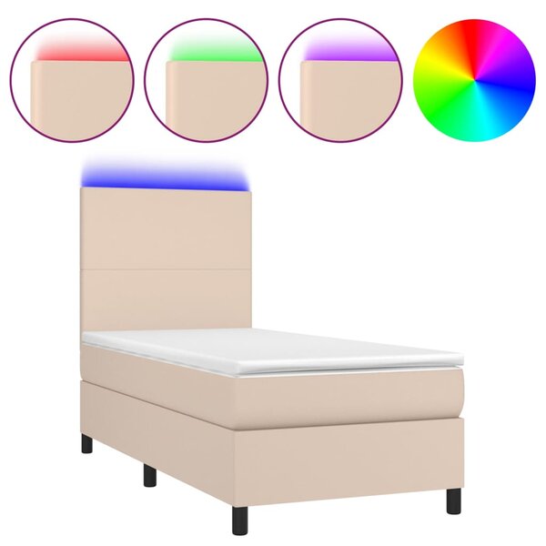 Krevet box spring madrac LED cappuccino 100x200cm umjetna koža - Smeđa / 100 x 200 cm