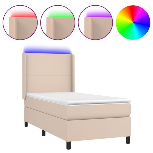 Krevet box spring madrac LED cappuccino 100x200cm umjetna koža - Smeđa / 100 x 200 cm