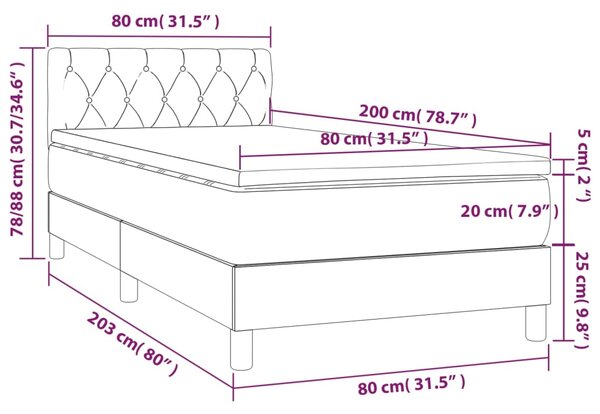 Krevet box spring s madracem LED svjetlosivi 80x200 cm tkanina - Siva / 80 x 200 cm