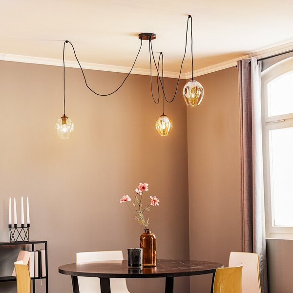 EMIBIG LIGHTING Viseća lampa Starla, grafit/jantarna/prozirno staklo, 3 žarulje., prigušiva, Crno, Dnevni boravak/blagovaonica, Staklo