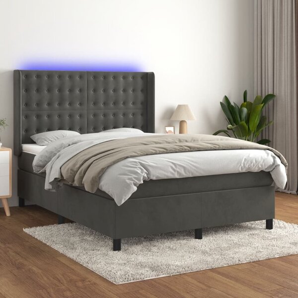Krevet box spring s madracem LED tamnosivi 140x200 cm baršun - Siva / 140 x 200 cm