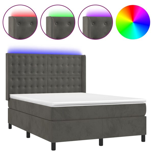 Krevet box spring s madracem LED tamnosivi 140x200 cm baršun - Siva / 140 x 200 cm