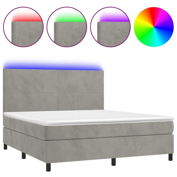 Krevet box spring s madracem LED svjetlosivi 160x200 cm baršun - Siva / 160 x 200 cm
