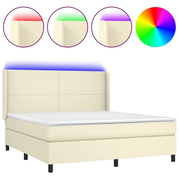 Krevet box spring s madracem LED krem 180x200cm od umjetne kože - Krema / 180 x 200 cm