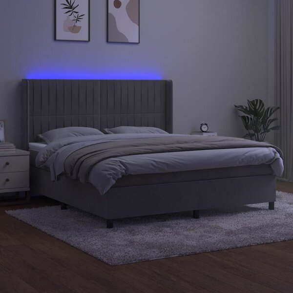 Krevet box spring s madracem LED svjetlosivi 160x200 cm baršun - Siva / 160 x 200 cm
