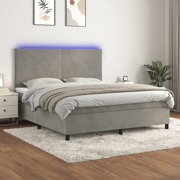 Krevet box spring s madracem LED svjetlosivi 160x200 cm baršun - Siva / 160 x 200 cm
