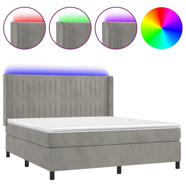 Krevet box spring s madracem LED svjetlosivi 160x200 cm baršun - Siva / 160 x 200 cm