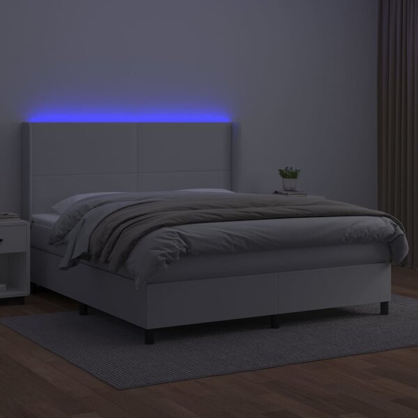 Krevet box spring s madracem LED bijeli 160x200 cm umjetna koža - Bijela / 160 x 200 cm