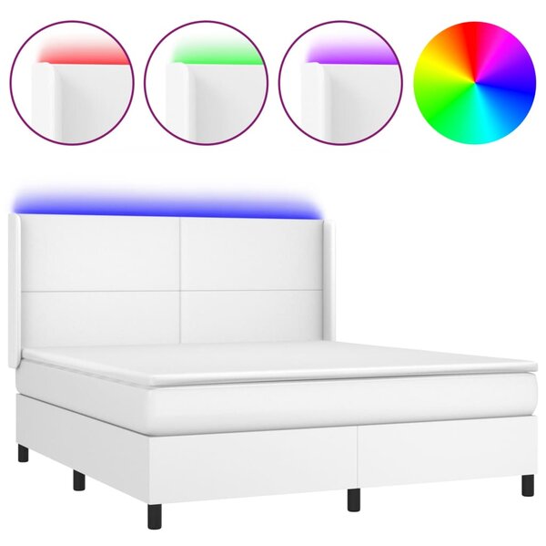 Krevet box spring s madracem LED bijeli 160x200 cm umjetna koža - Bijela / 160 x 200 cm