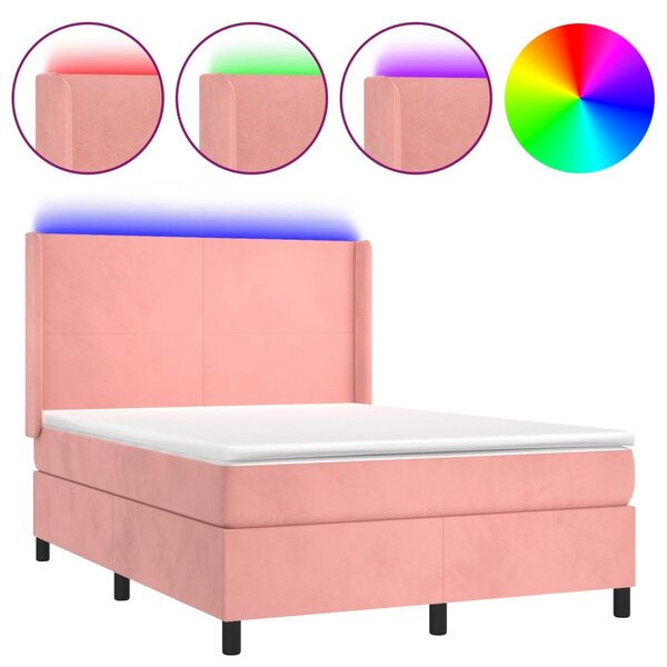 Krevet box spring s madracem LED ružičasti 140x190cm baršunasti - Ružičasti / 140 x 190 cm