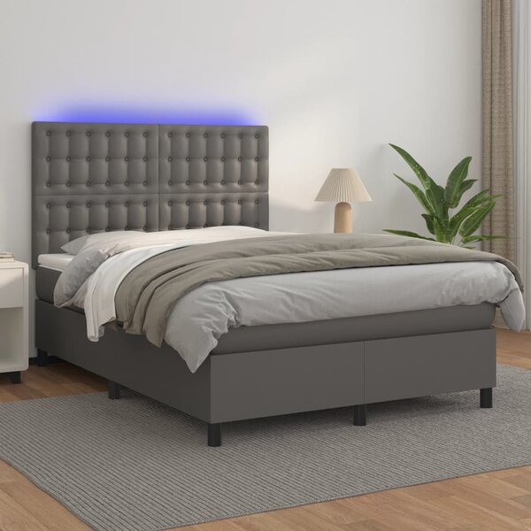 Krevet box spring s madracem LED sivi 140x190cm od umjetne kože - Siva / 140 x 190 cm