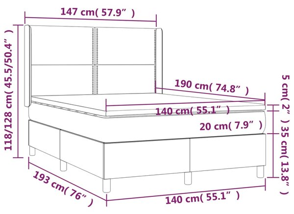 Krevet box spring s madracem LED sivi 140x190cm od umjetne kože - Siva / 140 x 190 cm