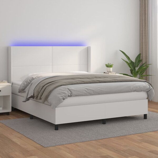 Krevet box spring s madracem LED bijeli 160x200 cm umjetna koža - Bijela / 160 x 200 cm