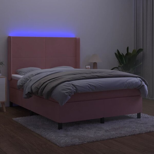 Krevet box spring s madracem LED ružičasti 140x190cm baršunasti - Ružičasti / 140 x 190 cm