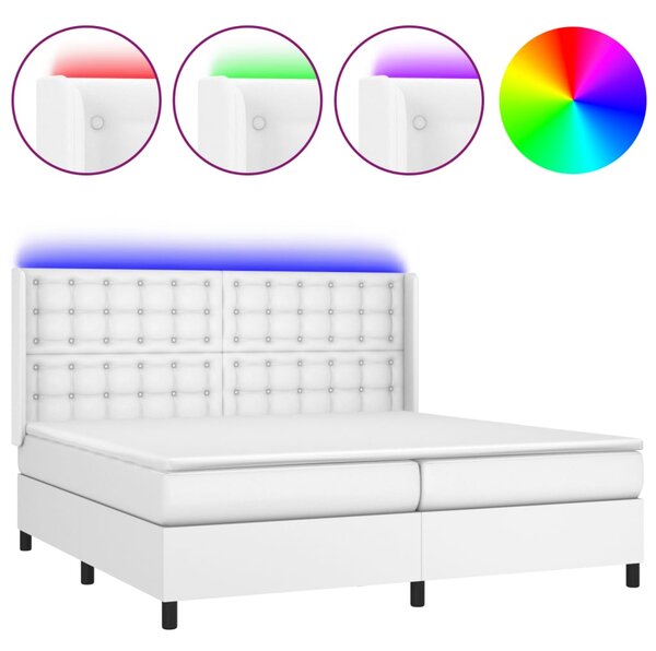 Krevet box spring s madracem LED bijeli 200x200 cm umjetna koža - Bijela / 200 x 200 cm