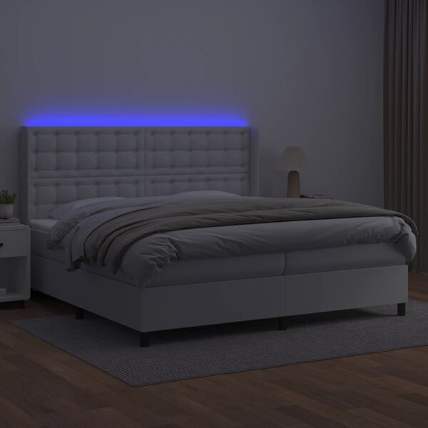 Krevet box spring s madracem LED bijeli 200x200 cm umjetna koža - Bijela / 200 x 200 cm