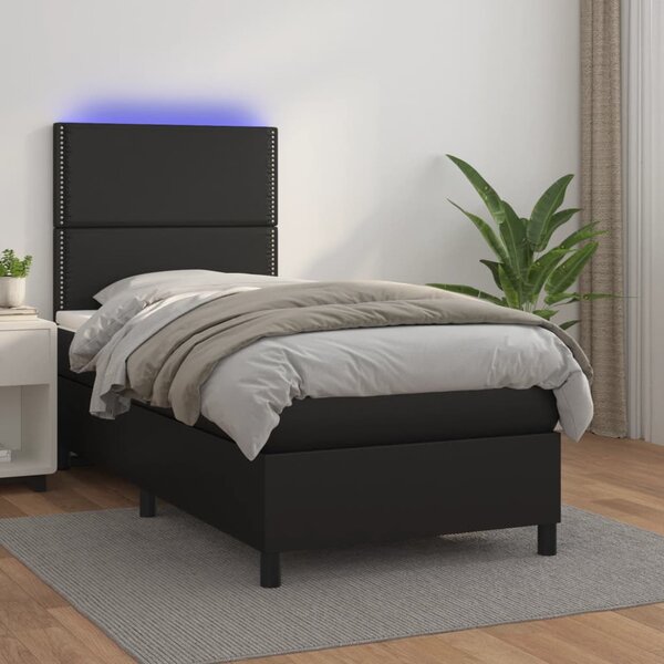 Krevet box spring s madracem LED crni 100x200cm od umjetne kože - Crna / 100 x 200 cm