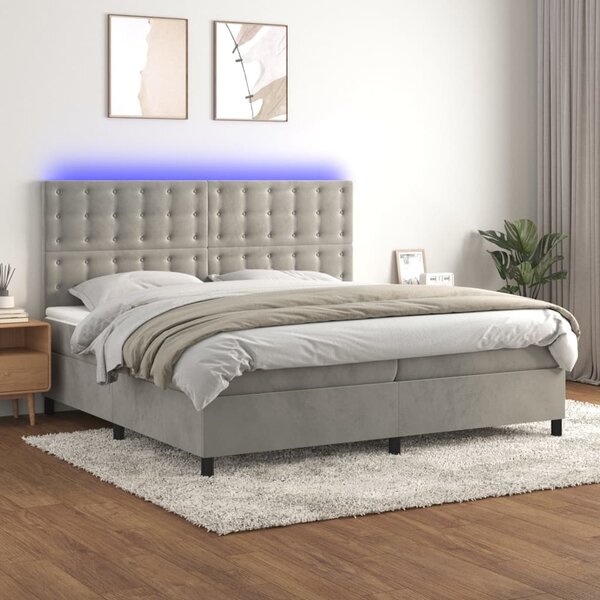 Krevet box spring s madracem LED svjetlosivi 200x200 cm baršun - Siva / 200 x 200 cm
