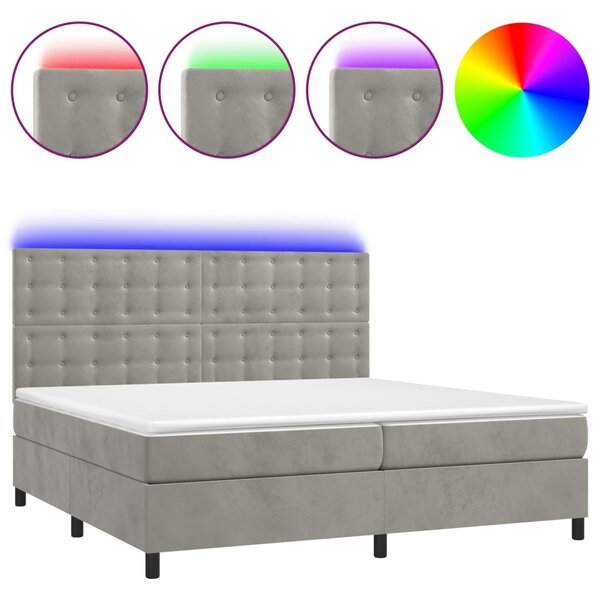 Krevet box spring s madracem LED svjetlosivi 200x200 cm baršun - Siva / 200 x 200 cm